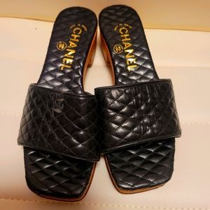 CHANEL Black Quilted Leather Slip On Sandals